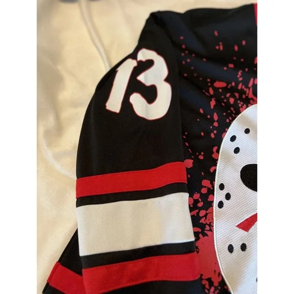 Friday The 13th Jason Voorhees Hockey Jersey Men's S/P Black Red Horror Patch - Picture 4 of 10